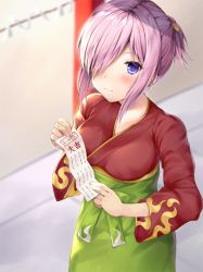 Rule 34 | 1girl, blurry, blurry background, blush, breasts, closed mouth, commentary request, depth of field, fate/grand order, fate (series), green skirt, hair over one eye, high-waist skirt, holding, japanese clothes, kimono, long sleeves, mash kyrielight, mash kyrielight (enma-tei uniform), misui, official alternate costume, omikuji, pink hair, ponytail, purple eyes, red kimono, short kimono, sidelocks, skirt, small breasts, smile, solo, standing, wide sleeves