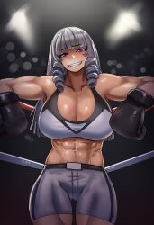 Rule 34 | 1girl, abs, absurdres, biceps, blunt bangs, boxing gloves, boxing ring, boxing shorts, breasts, cleavage, drill hair, evil grin, evil smile, ezzydraws, grey hair, grin, highres, large breasts, long hair, looking at viewer, muscular, muscular female, navel, original, parted lips, purple eyes, shorts, smile, solo, sports bra, teeth, twin drills, white sports bra