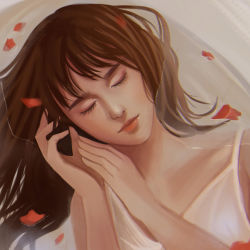Rule 34 | 1girl, bath, brown hair, closed mouth, commentary, english commentary, eyelashes, hands up, highres, lips, lying, on back, original, partially submerged, petals, petals on liquid, photo-referenced, shiro-hane, solo, water