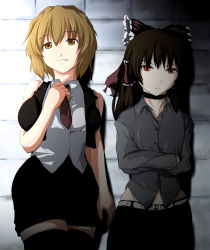 Rule 34 | &gt;:(, 2girls, against wall, alice margatroid, alternate breast size, alternate costume, bad id, bad pixiv id, bare arms, bare shoulders, beegle, belt, blonde hair, bow, breasts, brick wall, brown hair, casual, choker, collared shirt, contemporary, crossed arms, dress shirt, female focus, frown, grin, hair bow, hair tubes, hairband, hakurei reimu, highres, hip focus, kirisame marisa, large breasts, leaning back, long hair, miniskirt, multiple girls, necktie, pencil skirt, red neckwear, shirt, short hair, skirt, sleeveless, sleeveless shirt, smile, standing, thighhighs, touhou, v-shaped eyebrows, vest, white shirt, wide hips, yellow eyes, zettai ryouiki