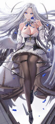 Rule 34 | 1girl, absurdres, age fx, azur lane, bare shoulders, blue eyes, breasts, brown pantyhose, cleavage, cross, cross earrings, dress, earrings, feathered wings, flower, full body, highres, jewelry, large breasts, long hair, looking at viewer, pantyhose, parted bangs, smile, solo, white background, white dress, white hair, wings, yorktown (azur lane), yorktown ii (azur lane)