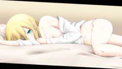 Rule 34 | 1girl, arm pillow, blonde hair, blue eyes, blush, breasts, cleavage, collarbone, krista lenz, looking at viewer, lost july, lying, medium breasts, navel, off shoulder, on side, panties, partially undressed, shingeki no kyojin, shirt, solo, tan background, underwear, white panties