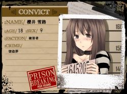 Rule 34 | 1girl, blush, brown eyes, brown hair, choker, crote, long hair, mugshot, partially translated, pixiv no ankokugai, prison clothes, solo, striped, translation request