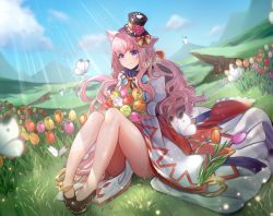 Rule 34 | 1girl, animal ears, anklet, black footwear, blue sky, blush, bouquet, bug, butterfly, cat ears, closed mouth, cloud, commentary request, day, dress, fisheye, flower, full body, grass, hat, insect, jewelry, long hair, looking at viewer, mountainous horizon, orange flower, outdoors, paw print, pink flower, pink hair, purple eyes, ragnarok online, red flower, rifu skr, shoes, sitting, sky, smile, solo, sorcerer (ragnarok online), sunlight, top hat, tulip, wavy hair, white butterfly, white dress, yellow flower
