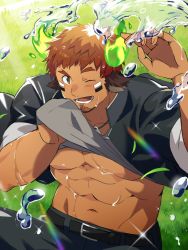 Rule 34 | 1boy, abs, animal ears, bara, black pants, blush, brown eyes, brown hair, cow boy, cow ears, cow horns, dark-skinned male, dark skin, eye black, facial hair, fiery horns, forked eyebrows, gakuran, glowing horns, goatee, grass, hand up, highres, horns, jewelry, large pectorals, light rays, male focus, muscular, muscular male, navel, necklace, nizitaro, one eye closed, open mouth, pants, pectorals, school uniform, short hair, smile, solo, spiked hair, thick eyebrows, tokyo houkago summoners, underpec, upper body, wakan tanka, water, water drop
