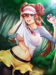 Rule 34 | 1girl, ;d, absurdres, aqua eyes, black pantyhose, blue shirt, blush, breasts, brown hair, clothes lift, collarbone, covered erect nipples, cowboy shot, creatures (company), day, double bun, dutch angle, game freak, hair bun, hat, highres, holding, holding poke ball, large breasts, lens flare, lifting own clothes, long hair, looking at viewer, navel, nintendo, no bra, one eye closed, open mouth, outdoors, pantyhose, pantyhose under shorts, poke ball, poke ball (basic), pokemon, pokemon bw2, radjeong, raglan sleeves, rosa (pokemon), shirt, shirt lift, short shorts, shorts, sidelocks, smile, solo, stomach, sun, sweat, teeth, tree, twintails, underboob, upper teeth only, visor cap, white hat, white shirt, wiping, wiping face, yellow shorts