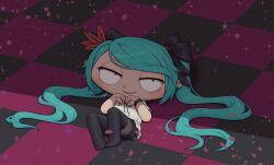 Rule 34 | 1boy, aqua eyes, aqua hair, black bow, black pantyhose, black skirt, black thighhighs, bow, cosplay, crossdressing, derivative work, family guy, hair bow, hatsune miku, hatsune miku (cosplay), highres, jewelry, long hair, lying, making-of available, male focus, necklace, on back, pantyhose, petals, rkgkrabu, shirt, skirt, solo, stewie griffin, thighhighs, twintails, vocaloid, white shirt, wig, world is mine (vocaloid)