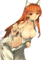 Rule 34 | 1girl, :o, absurdres, animal ears, ass, breasts, butt crack, choker, cleavage, collar, dead or alive, downpants, fake animal ears, hanging breasts, highres, kasumi (doa), large breasts, long hair, naked overalls, navel, nipples, off shoulder, orange hair, overalls, red eyes, sanbasou, solo, strap slip, tecmo, wristband