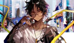 Rule 34 | 1boy, arknights, arm warmers, belt pouch, black hair, bright pupils, city, closed mouth, collarbone, commentary request, dark-skinned male, dark skin, earclip, glasses, highres, jewelry, kkuekkue (chifer1958), korean commentary, long hair, looking away, looking to the side, male focus, pendant, photo background, ponytail, pouch, ribbon, shirt, sideways glance, solo, thorns (arknights), tsurime, upper body, white pupils, white shirt, yellow eyes, yellow ribbon