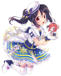 Rule 34 | 2girls, :d, black hair, blue dress, blue eyes, bow, chibi, dress, frilled dress, frills, full body, gloves, gold trim, hair between eyes, hat, hat bow, hat ornament, highres, long hair, looking at viewer, love live!, love live! school idol festival, love live! school idol project, medium hair, multiple girls, nishikino maki, open mouth, paya (alunair), red bow, red eyes, red hair, short sleeves, simple background, smile, striped, striped bow, thighhighs, twintails, white background, white gloves, white headwear, white legwear, yazawa nico