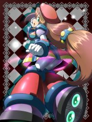 Rule 34 | 1girl, android, beret, breasts, brown hair, checkered background, dress, green eyes, hair between eyes, hair ornament, hand on own cheek, hand on own face, hat, iris (mega man), large breasts, long hair, looking back, mega man (series), mega man x4, mega man x (series), napo, open mouth, robot, solo, very long hair