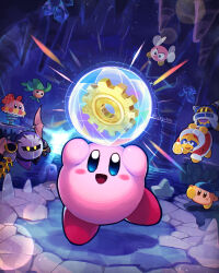 Rule 34 | absurdres, armor, bandana, bandana waddle dee, bat wings, blush stickers, bouncy sis (kirby), bronto burt, cave, colored skin, energy sphere (kirby), galaxia (sword), highres, holding, holding sword, holding weapon, king dedede, kirby, kirby&#039;s return to dream land, kirby (series), leafan, looking at viewer, magolor, mask, meta knight, nintendo, no humans, pauldrons, pink skin, pom pom (clothes), rayman limbs, shoulder armor, smile, solid oval eyes, sparkle, stalactite, suyasuyabi, sword, twitter username, v, weapon, wings, yellow eyes