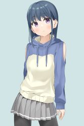 Rule 34 | 1girl, black pantyhose, blue background, blue hair, blush, closed mouth, commentary request, cowboy shot, grey skirt, head tilt, highres, keito4f, looking at viewer, multicolored clothes, pantyhose, pleated skirt, purple eyes, shima rin, simple background, skirt, solo, standing, sweater, yurucamp