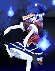 Rule 34 | 1girl, beret, blue eyes, blue hair, breasts, female focus, ghost, gradient background, graveyard, hat, highres, hitodama, jiangshi, matching hair/eyes, medium breasts, miyako yoshika, ofuda, open mouth, outstretched arms, pale skin, short hair, skirt, smile, solo, star (symbol), tombstone, touhou, zefa (neoaltemice), zombie pose