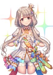 Rule 34 | 1girl, absurdres, blush, bow, braid, braided bangs, breasts, brown eyes, closed mouth, collarbone, cropped legs, cross tie, crown, dot nose, gloves, gradient background, gradient jacket, gradient sash, grey hair, hair bow, hair ribbon, hands up, heart, heart hands, highres, hisakawa nagi, idolmaster, idolmaster cinderella girls, idolmaster cinderella girls starlight stage, jacket, long hair, looking at viewer, low twintails, mazel (mazel star), mini crown, multicolored ribbon, partially unbuttoned, puffy short sleeves, puffy sleeves, ribbon, short sleeves, shorts, small breasts, smile, solo, sparkle, twintails, very long hair, white gloves, white ribbon, white shorts