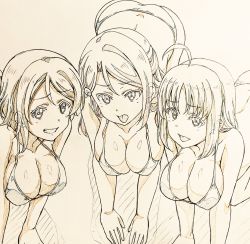 Rule 34 | 3girls, ahoge, all fours, ass, bikini, breasts, brown hair, cleavage, clenched teeth, collarbone, color trace, commentary request, graphite (medium), highres, kotokoto (jumon), large breasts, long hair, looking at viewer, love live!, love live! sunshine!!, multiple girls, sakurauchi riko, short hair, smile, swimsuit, takami chika, teeth, tongue, traditional media, watanabe you