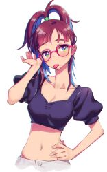 Rule 34 | 1girl, blue hair, blush, breasts, brown hair, cleavage, crop top, glasses, green eyes, hand on own hip, high ponytail, highres, kunikune, looking at viewer, medium breasts, midriff, mole, mole under mouth, multicolored hair, navel, original, ponytail, puffy short sleeves, puffy sleeves, red-framed eyewear, short sleeves, simple background, solo, tongue, tongue out, white background