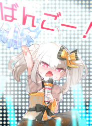 Rule 34 | 1girl, ahoge, black bow, blush, bow, grey hair, hair bow, hand up, heart, heart-shaped pupils, highres, holding, holding microphone, looking at viewer, makaino ririmu, microphone, music, nijisanji, open mouth, pointy ears, pom pom (cheerleading), puffy short sleeves, puffy sleeves, red eyes, short sleeves, shrug (clothing), singing, skirt, solo, sweat, symbol-shaped pupils, twintails, utsusumi kio, virtual youtuber