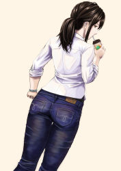 Rule 34 | 1girl, absurdres, aniy ambitious, ass, brown eyes, brown hair, denim, drinking, from behind, highres, jeans, looking at viewer, original, pants, ponytail, shirt, sleeves rolled up, solo, white shirt