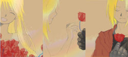 Rule 34 | 1girl, 2boys, ^ ^, alphonse elric, automail, bare arms, bare shoulders, black shirt, blonde hair, bouquet, brothers, close-up, closed eyes, coat, edward elric, expressionless, eyelashes, flower, frown, fullmetal alchemist, gloves, hair over one eye, happy, head tilt, long hair, multiple boys, nude, open mouth, profile, red coat, red flower, serious, shirt, siblings, simple background, skinny, smile, tulip, upper body, winry rockbell
