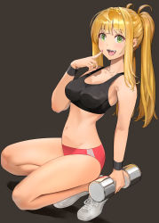 Rule 34 | 1girl, absurdres, black background, blonde hair, breasts, buruma, collarbone, commentary request, dumbbell, dumbbell nan kilo moteru?, full body, green eyes, highres, holding, looking at viewer, medium breasts, midriff, navel, open mouth, sakura hibiki, shiratama (monster1553), shoes, simple background, solo, stomach, tank top, teeth, tongue, twintails