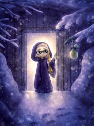 1girl :o asymmetrical_hair blonde_hair blue_eyes blue_robe commentary_request full_body hood hood_up hooded_robe inkling inkling_girl inkling_player_character long_hair long_sleeves mustard_pudding nintendo open_mouth outdoors robe single_sleeve_past_fingers snowing solo splatoon_(series) tentacle_hair wavy_hair