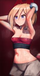 Rule 34 | 1girl, absurdres, armpits, arms behind back, arms up, bandeau, bangle, blonde hair, bracelet, breasts, cleavage, collarbone, concentrating, creatures (company), dark background, eyelashes, frown, game freak, geulimykun (skbyunea413), grey shorts, hair between eyes, hair ornament, highres, irida (pokemon), jewelry, looking ahead, midriff, navel, necklace, nintendo, pantyhose, pokemon, pokemon legends: arceus, presenting armpit, purple eyes, red background, short hair, shorts, simple background, small breasts, sweat, sweaty clothes, wet