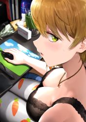 Rule 34 | 1girl, bare shoulders, black bra, blonde hair, blurry, blurry background, blush, bottle, bra, breasts, carrot print, cleavage, commentary request, depth of field, fingernails, food print, greem bang, green eyes, hair between eyes, highres, idolmaster, idolmaster cinderella girls, jewelry, looking at viewer, looking to the side, medium breasts, miyamoto frederica, mouse (computer), no shirt, pants, parted lips, pendant, print pants, profile, short hair, sitting, solo, sweat, table, tissue box, underwear, white pants