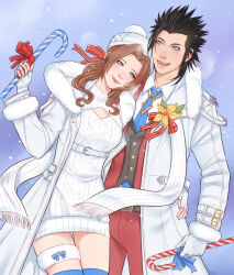 Rule 34 | 1boy, 1girl, aerith gainsborough, aerith gainsborough (fairy of snowfall), aqua nails, belt, belt buckle, black hair, blue eyes, blue necktie, breasts, breath, brown hair, buckle, candy, candy cane, christmas, coat, commentary, couple, cowboy shot, cross scar, crylin6, dress, english commentary, facial scar, final fantasy, final fantasy vii, final fantasy vii ever crisis, final fantasy vii remake, fingerless gloves, flower, food, fur-trimmed coat, fur trim, gloves, green eyes, hair slicked back, hand on another&#039;s hip, highres, holding, holding candy, holding candy cane, holding food, light blush, lips, looking at viewer, necktie, official alternate costume, open clothes, open coat, pants, parted bangs, parted lips, pink ribbon, red pants, red vest, ribbon, scar, scar on cheek, scar on face, short dress, sidelocks, small breasts, snowing, spiked hair, sweater, sweater dress, turtleneck, turtleneck sweater, vest, white coat, white gloves, winter clothes, winter coat, yellow flower, zack fair, zack fair (holiday suit)