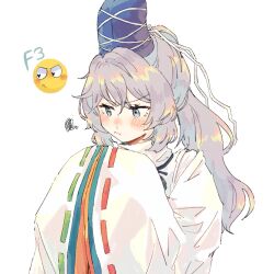 Rule 34 | 1girl, blue hat, blush, closed mouth, commentary request, grey eyes, grey hair, hands in opposite sleeves, hat, hat ribbon, heart, heart-shaped pupils, highres, japanese clothes, kariginu, long hair, long sleeves, mononobe no futo, ponytail, ribbon, ribbon-trimmed sleeves, ribbon trim, simple background, solo, squiggle, symbol-shaped pupils, touhou, upper body, ut0wv, wavy mouth, white background, white ribbon, wide sleeves