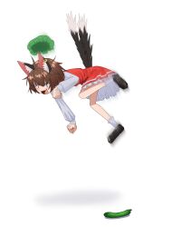 Rule 34 | 1girl, absurdres, animal ear fluff, animal ear piercing, animal ears, asakura haru, black footwear, blush, brown eyes, brown hair, cat ears, cat tail, chen, commentary, cucumber, dress, earrings, frilled dress, frills, full body, green hat, hat, highres, jewelry, jumping, long sleeves, looking down, medium bangs, mob cap, motion blur, multiple tails, open mouth, red dress, scared, shirt, shoes, short hair, simple background, single earring, sleeveless, sleeveless dress, socks, solo, symbol-only commentary, tail, touhou, two tails, white background, white shirt, white socks