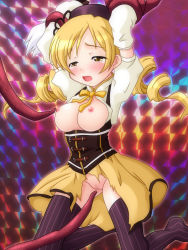 Rule 34 | 10s, 1girl, arms up, blonde hair, blush, breasts, breasts out, censored, count zero, dress, hat, highres, mahou shoujo madoka magica, mosaic censoring, nipples, no bra, no panties, pussy, tears, tentacles, thighhighs, tomoe mami, torn clothes, yellow eyes