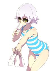Rule 34 | 1girl, blush, covered navel, echo (circa), facial scar, fate/grand order, fate (series), flat chest, food, holding, jack the ripper (fate/apocrypha), one-piece swimsuit, popsicle, scar, scar across eye, scar on cheek, scar on face, short hair, simple background, solo, striped clothes, striped one-piece swimsuit, sunglasses, swimsuit, white background, white hair, yellow eyes