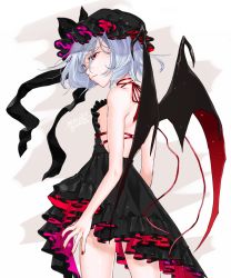 Rule 34 | 1girl, 2016, artist name, backless dress, backless outfit, bad id, bad twitter id, bare arms, bat wings, black dress, black hat, black ribbon, blue hair, cowboy shot, dated, dress, frilled dress, frilled hat, frills, from behind, gotou (nekocat), hat, hat ribbon, highres, looking back, mob cap, nail polish, neck ribbon, red eyes, red nails, red ribbon, remilia scarlet, ribbon, short hair, solo, standing, touhou, wings