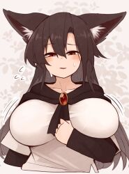 Rule 34 | 1girl, animal ears, breasts, brown hair, collarbone, flying sweatdrops, imaizumi kagerou, kaginoni, large breasts, long hair, looking at viewer, red eyes, solo, sweat, touhou, upper body, wolf ears, wolf girl