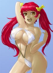Rule 34 | 1girl, arm up, armpits, blue background, bow, breasts, brown eyes, cleavage, colored eyelashes, cowboy shot, eyelashes, female focus, hair bow, hair ornament, large breasts, long hair, looking at viewer, o-ring, o-ring swimsuit, one-piece swimsuit, open mouth, red hair, simple background, solo, standing, su.mi., swimsuit, thighs, twintails, white one-piece swimsuit