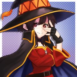 Rule 34 | 1girl, arm under breasts, belt, black cape, black hair, black hat, blush, breasts, brown belt, brown hair, cape, commentary request, dress, fingerless gloves, gloves, hand on own face, hat, highres, izawa (bhive003), kono subarashii sekai ni shukufuku wo!, long sleeves, looking at viewer, medium hair, megumin, polka dot, polka dot background, purple cape, purple hat, red dress, red eyes, small breasts, smile, smug, solo, two-sided cape, two-sided fabric, two-sided headwear, upper body, witch hat