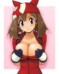 Rule 34 | 1girl, bandana, blue eyes, blush, breasts, brown hair, cleavage, covering privates, covering breasts, covering nipples, creatures (company), game freak, gloves, large breasts, may (pokemon), nintendo, pokemon, pokemon adventures, solo, tsumitani daisuke