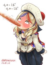 Rule 34 | 1girl, arms at sides, baguette, beret, blonde hair, blue dress, blue eyes, blue hair, blush, bread, breasts, buttons, censored, commandant teste (kancolle), dated, double-breasted, dress, eating, fellatio, food, food in mouth, full-face blush, hat, jacket, kantai collection, medium breasts, mitchell (dynxcb25), mosaic censoring, mouth hold, multicolored hair, oral, plaid, plaid scarf, pom pom (clothes), red hair, scarf, sexually suggestive, simple background, simulated fellatio, solo, streaked hair, sweat, translated, twitter username, white background, white hat, white jacket, wide-eyed