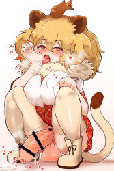 Rule 34 | 1futa, animal ears, bar censor, between breasts, blonde hair, blush, breasts, brown hair, censored, commission, covered erect nipples, cum, cum in mouth, cum in own mouth, cum on floor, cum on hands, cum on tongue, fang, foreskin, fur trim, futanari, hair between eyes, half-closed eyes, heart, highres, kemono friends, large breasts, large penis, large testicles, licking, lion (kemono friends), lion ears, lion girl, lion tail, looking at viewer, multicolored hair, necktie, no panties, open mouth, penis, phimosis, pleated skirt, red skirt, sagging testicles, shirt, short sleeves, skeb commission, skirt, solo, tail, tanaka kusao, testicles, thighhighs, veins, veiny penis, white shirt