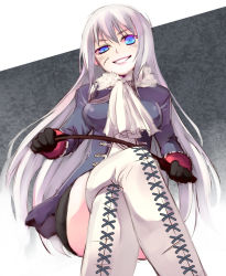 Rule 34 | 1girl, axis powers hetalia, bad id, bad pixiv id, black gloves, blue eyes, boots, cross-laced footwear, crossed legs, gender request, genderswap, gloves, lips, long hair, momoyama nozomu, neckerchief, prussia (hetalia), riding crop, scar, sitting, smile, solo, thigh boots, thighhighs, whip, white hair, white thighhighs