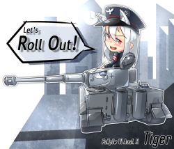 Rule 34 | 1girl, animal ears, artist request, chibi, english text, grey hair, long hair, military, military vehicle, motor vehicle, red eyes, tank, tiger i, wolf ears, world of tanks