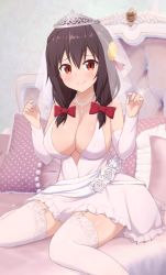 Rule 34 | 1girl, bare shoulders, blush, bow, breasts, bridal lingerie, bridal veil, bride, collarbone, commentary, crown, detached sleeves, dress, flower, garter straps, glint, hair between eyes, hair bow, hair ornament, hands up, jewelry, kono subarashii sekai ni shukufuku wo!, large breasts, lingerie, long hair, looking at viewer, low twintails, necklace, nyaroon, pillow, red bow, red eyes, ring, rose, shiny skin, sitting, sleeveless, sleeveless dress, smile, solo, thighhighs, thighs, tiara, twintails, underwear, veil, wedding dress, white flower, white rose, white thighhighs, yunyun (konosuba)