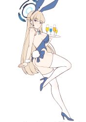 Rule 34 | 1girl, alcohol, animal ears, blonde hair, blue archive, blue bow, blue bowtie, blue eyes, blue footwear, blue leotard, bow, bowtie, breasts, cipher4109, commentary, cup, detached collar, drinking glass, fake animal ears, full body, halo, headset, highres, holding, leotard, long hair, looking at viewer, medium breasts, official alternate costume, playboy bunny, rabbit ears, rabbit tail, shoes, simple background, solo, tail, thighhighs, toki (blue archive), toki (bunny) (blue archive), white background, white thighhighs