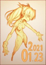 Rule 34 | 1girl, 2021, artist request, breasts, curvy, dated, evangelion: 3.0+1.0 thrice upon a time, full body, gloves, long hair, looking at viewer, neon genesis evangelion, plugsuit, rebuild of evangelion, simple background, smile, solo, souryuu asuka langley, twintails