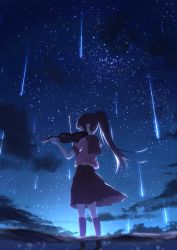 Rule 34 | 1girl, backlighting, black hair, black skirt, blouse, bow, bow (music), closed eyes, cloud, commentary request, facing away, feet out of frame, hands up, highres, holding, holding bow (ornament), holding instrument, holding violin, instrument, kneehighs, long hair, music, night, night sky, original, outdoors, partially submerged, playing instrument, pleated skirt, ponytail, purple shirt, purple socks, sailor collar, scenery, school uniform, serafuku, shirt, shooting star, skirt, sky, socks, solo, standing, star (sky), starry sky, violin, wading, water, wh-negi