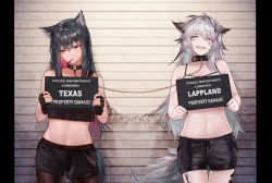 Rule 34 | 2girls, :p, animal ear fluff, animal ears, arknights, black hair, black nails, brown eyes, chain, choker, commentary request, cowboy shot, crop top, fangs, female focus, fingerless gloves, food, gloves, grey eyes, hair between eyes, hair ornament, hairclip, holding, ink., lappland (arknights), linked collar, long hair, looking away, material growth, midriff, mouth hold, mugshot, multicolored hair, multiple girls, nail polish, navel, oripathy lesion (arknights), pocky, red hair, scar, scar across eye, scar on face, shorts, silver hair, sleeveless, smile, stomach, tail, texas (arknights), tongue, tongue out, two-tone hair, wolf ears