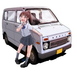 1girl adjusting_bowtie adjusting_clothes against_vehicle black_footwear blue_bow blue_bowtie blush bow bowtie breasts brown_hair commentary full_body grey_skirt grey_socks hand_up honda honda_life_step_van hot loafers long_hair looking_afar looking_ahead maruyo motor_vehicle original photo-referenced pigeon-toed plaid_clothes plaid_skirt pleated_skirt ponytail school_uniform scrunchie shadow shirt shoes sidelocks simple_background skirt small_breasts socks solo standing sweat thick_eyebrows van very_sweaty wavy_mouth white_background white_scrunchie white_shirt