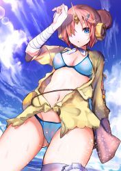 Rule 34 | 1girl, :o, absurdres, amamitsu kousuke, bad id, bad twitter id, bandaged arm, bandaged leg, bandages, bikini, blue bikini, blue eyes, blue sky, breasts, cleavage, cowboy shot, day, double bun, fate/grand order, fate (series), frankenstein&#039;s monster (fate), frankenstein&#039;s monster (swimsuit saber) (fate), frankenstein&#039;s monster (swimsuit saber) (first ascension) (fate), gluteal fold, hair bun, hair ornament, hair over one eye, hairpin, highres, horns, lens flare, looking at viewer, medium breasts, navel, open clothes, open shirt, outdoors, pink hair, see-through, shirt, single horn, sky, solo, standing, summer, swimsuit, yellow shirt