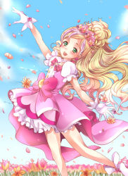 Rule 34 | 1girl, :d, blonde hair, bow, cloud, cure flora, dancing, day, earrings, flower, flower earrings, full body, gloves, go! princess precure, green eyes, hair flower, hair ornament, haruno haruka, highres, jewelry, long hair, looking at viewer, magical girl, mihara youzora, multicolored hair, open mouth, pink bow, pink hair, pink skirt, precure, shoes, skirt, sky, smile, solo, streaked hair, two-tone hair, waist bow, white footwear, white gloves